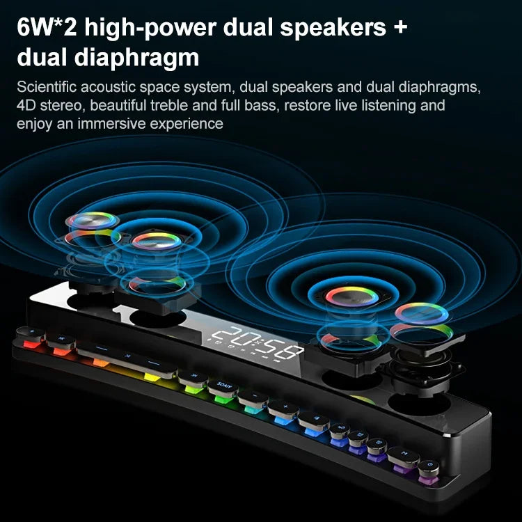 SOAIY SH39 Altifalante Bluetooth de Secretária para Jogos com Efeitos de Iluminação Colorida, Botões Mecânicos, Relógio com Alarme e Bateria, Edição Deluxe