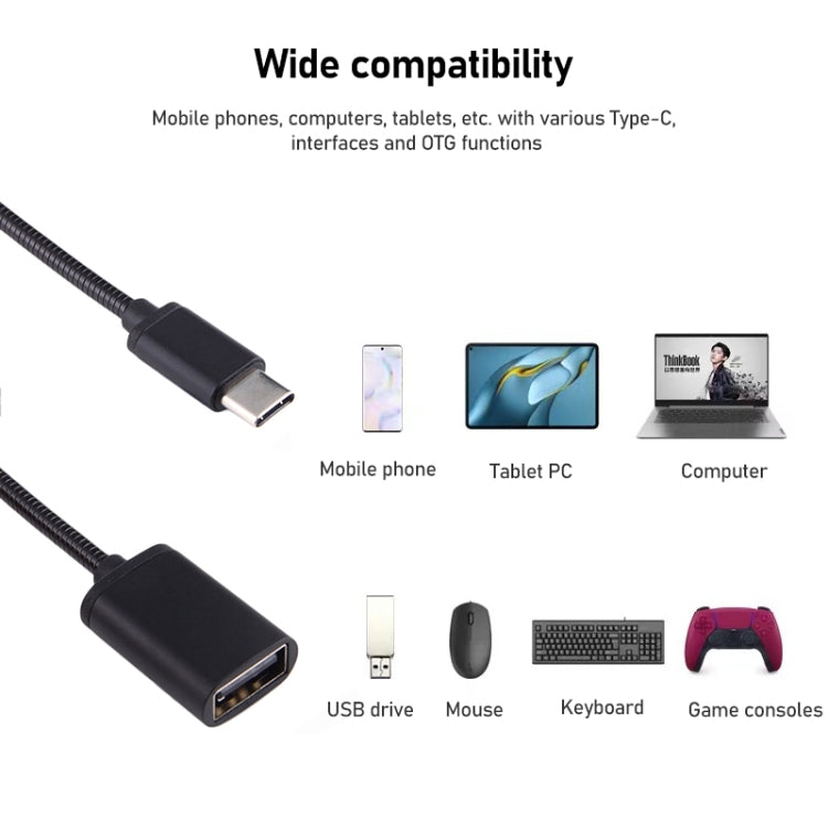 Cabo OTG de Fio Metálico USB Fêmea 8,3cm para Type-C Macho, Cabo de Carregamento e Dados