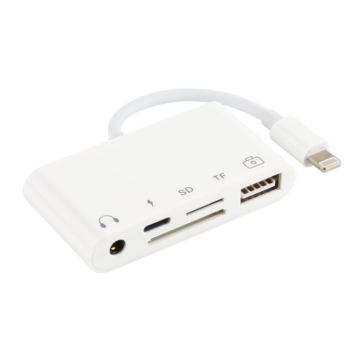 HUB 5 em 1 8 Pinos para USB e USB-C / Tipo-C e Entrada para Auscultadores 3,5mm e Leitor de Cartões SD e TF