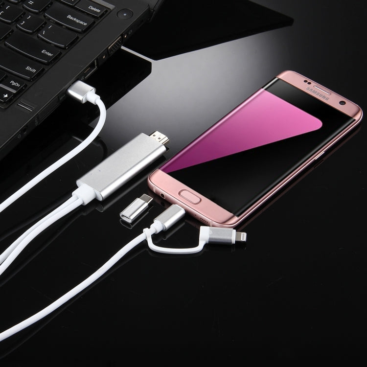 Cabo adaptador 3 em 1 Micro USB & 8 pinos & Type-C para HDMI HD 1080P HDTV