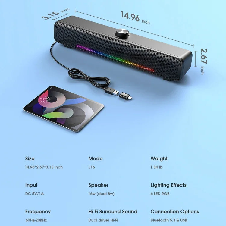L16 Luz RGB Portátil Exterior Altifalante Sem Fios HiFi USB Bluetooth, L16