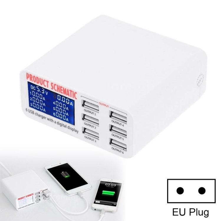 Carregador Rápido 30W QC 3.0 com 6 Portas USB e Ecrã Digital LCD, Ficha UE, 899