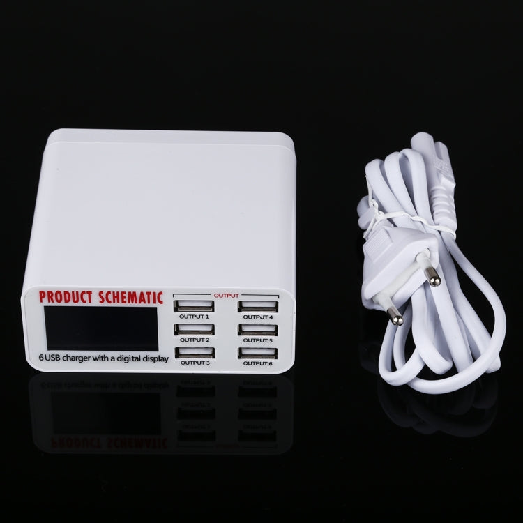 Carregador Rápido 30W QC 3.0 com 6 Portas USB e Ecrã Digital LCD, Ficha UE, 899
