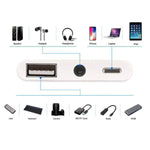 Adaptador 3 em 1 Multifuncional 8 Pinos + 3.5mm + USB 3.0 OTG para 8 Pinos Macho Carregamento Rápido & Áudio Musical & Leitura de Cartão