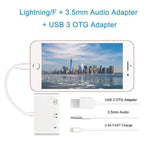 Adaptador 3 em 1 Multifuncional 8 Pinos + 3.5mm + USB 3.0 OTG para 8 Pinos Macho Carregamento Rápido & Áudio Musical & Leitura de Cartão