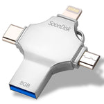 Pen Drive 4 em 1 8GB USB 3.0 + 8 Pinos + Micro USB + USB-C / Tipo-C de Uso Duplo com Função OTG, 8GB