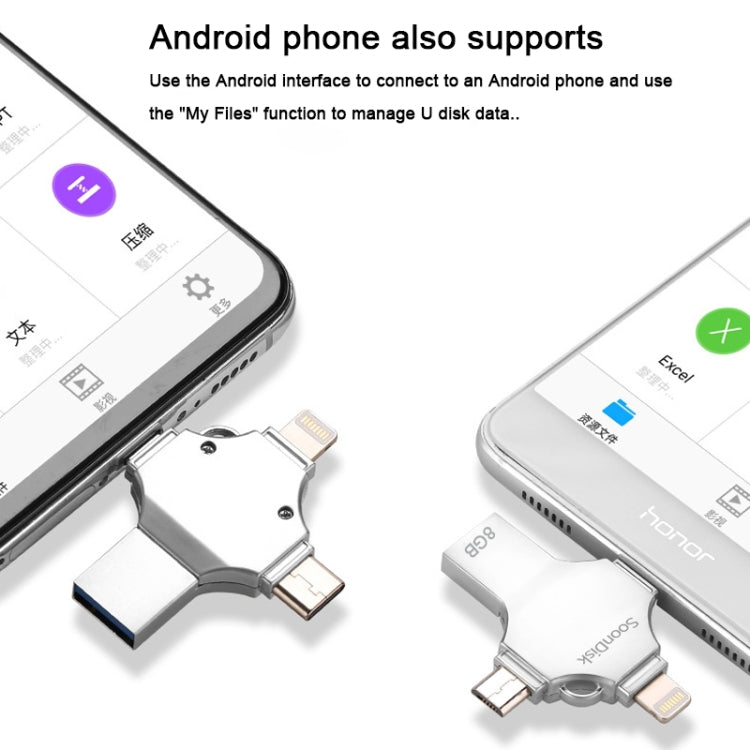 Pen Drive 4 em 1 8GB USB 3.0 + 8 Pinos + Micro USB + USB-C / Tipo-C de Uso Duplo com Função OTG, 8GB
