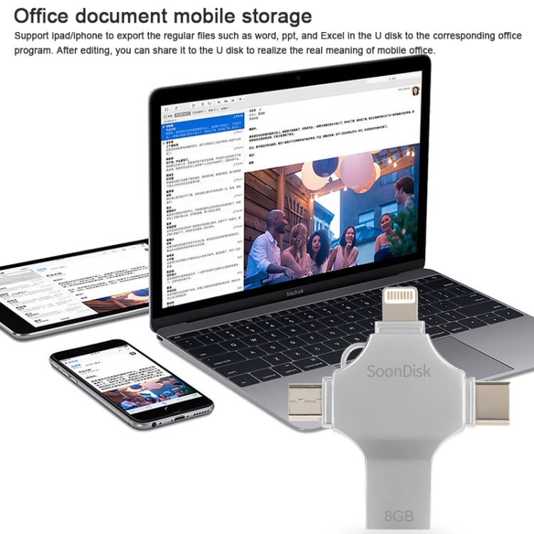 Pen Drive 4 em 1 8GB USB 3.0 + 8 Pinos + Micro USB + USB-C / Tipo-C de Uso Duplo com Função OTG, 8GB