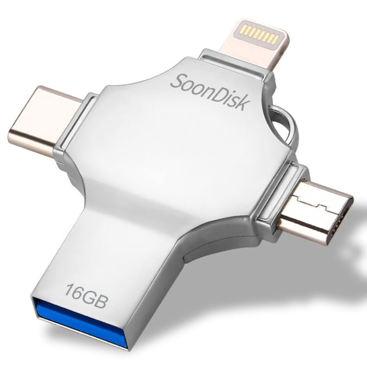 Pen Drive 4 em 1 16GB USB 3.0 + 8 Pinos + Micro USB + USB-C / Tipo-C de Uso Duplo com Função OTG, 16GB