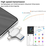 Pen Drive 4 em 1 32GB USB 3.0 + 8 Pinos + Micro USB + USB-C / Tipo-C de Uso Duplo com Função OTG, 32GB