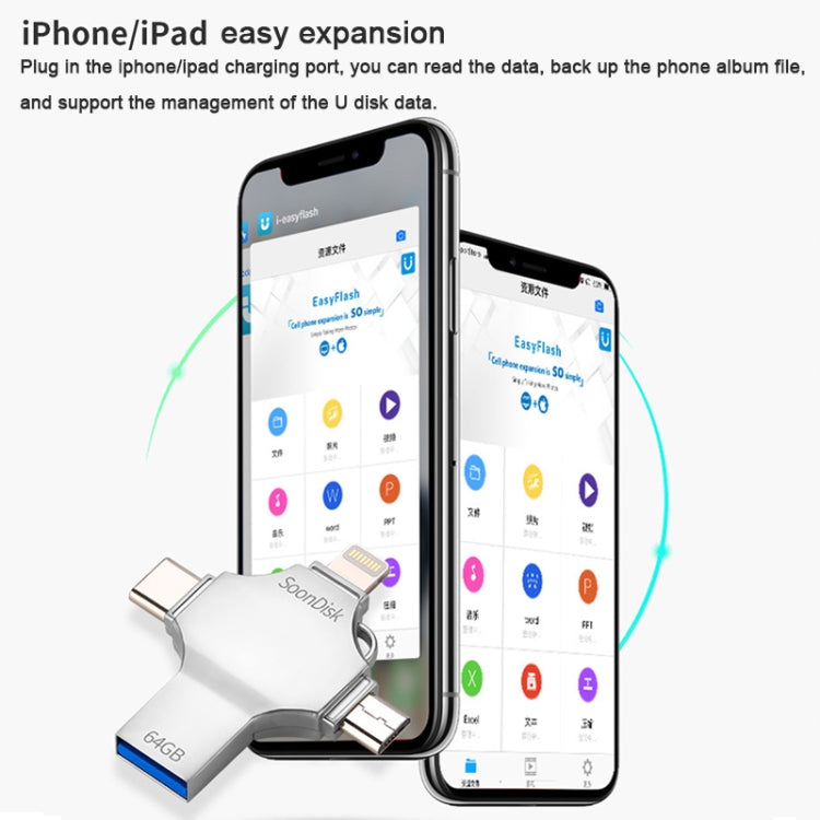 Pen Drive 4 em 1 64GB USB 3.0 + 8 Pinos + Micro USB + USB-C / Tipo-C de Uso Duplo com Função OTG, 64GB