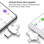 Pen Drive 4 em 1 128GB USB 3.0 + 8 Pinos + Micro USB + USB-C / Tipo-C de Uso Duplo com Função OTG, 128GB