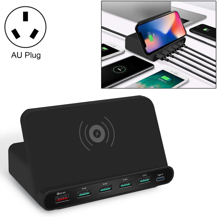 828W Carregador Multifuncional 7 em 1 60W QC 3.0 Interface USB + 4 Portas USB + Interface USB-C / Tipo-C + Carregamento Sem Fios com Função de Suporte para Telemóvel, Ficha AU, Ficha AU Preto, Ficha AU Branco