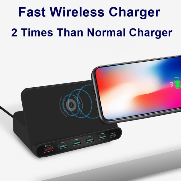 828W Carregador Multifuncional 7 em 1 60W QC 3.0 Interface USB + 4 Portas USB + Interface USB-C / Tipo-C + Carregamento Sem Fios com Função de Suporte para Telemóvel, Ficha AU, Ficha AU Preto, Ficha AU Branco
