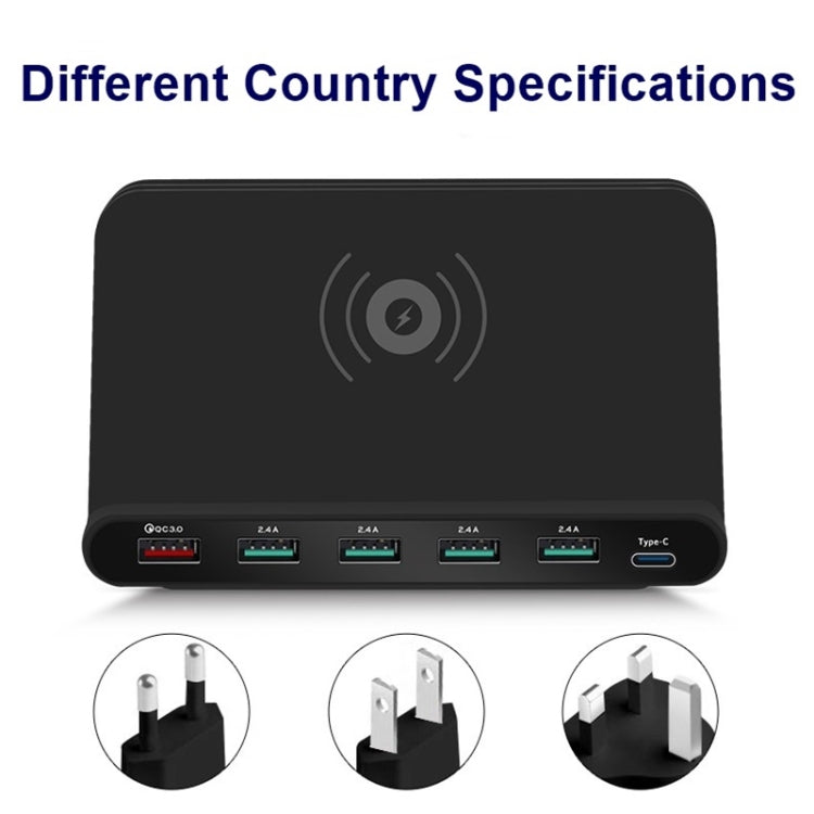 Carregador multifunções 828W 7 em 1 60W QC 3.0 Interface USB + 4 Portas USB + Interface USB-C / Type-C + Carregamento sem fios com função de suporte para telemóvel, ficha UK, ficha UK preta, ficha UK branca