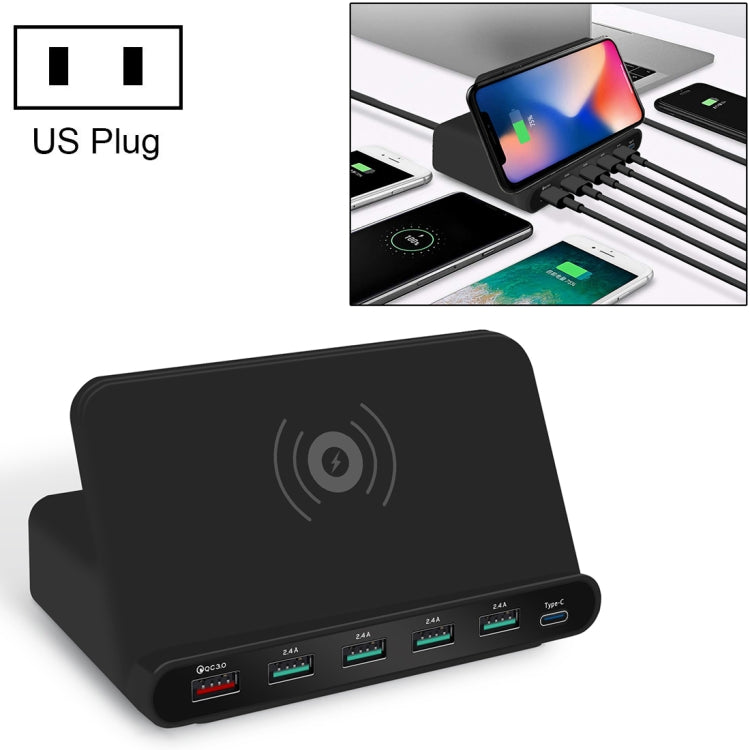 828W Carregador Multifuncional 7 em 1 60W QC 3.0 Interface USB + 4 Portas USB + Interface USB-C / Tipo-C + Carregamento Sem Fios com Função de Suporte para Telemóvel, Ficha US, Ficha US Preto, Ficha US Branco