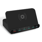 828W Carregador Multifuncional 7 em 1 60W QC 3.0 Interface USB + 4 Portas USB + Interface USB-C / Tipo-C + Carregamento Sem Fios com Função de Suporte para Telemóvel, Ficha US, Ficha US Preto, Ficha US Branco