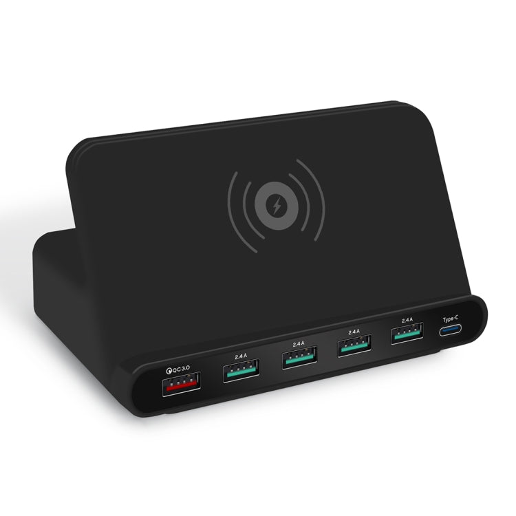 828W Carregador Multifuncional 7 em 1 60W QC 3.0 Interface USB + 4 Portas USB + Interface USB-C / Tipo-C + Carregamento Sem Fios com Função de Suporte para Telemóvel, Ficha US, Ficha US Preto, Ficha US Branco