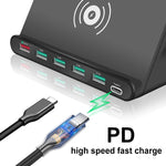 828W Carregador Multifuncional 7 em 1 60W QC 3.0 Interface USB + 4 Portas USB + Interface USB-C / Tipo-C + Carregamento Sem Fios com Função de Suporte para Telemóvel, Ficha US, Ficha US Preto, Ficha US Branco