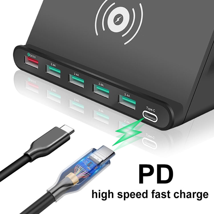 828W Carregador Multifuncional 7 em 1 60W QC 3.0 Interface USB + 4 Portas USB + Interface USB-C / Tipo-C + Carregamento Sem Fios com Função de Suporte para Telemóvel, Ficha US, Ficha US Preto, Ficha US Branco