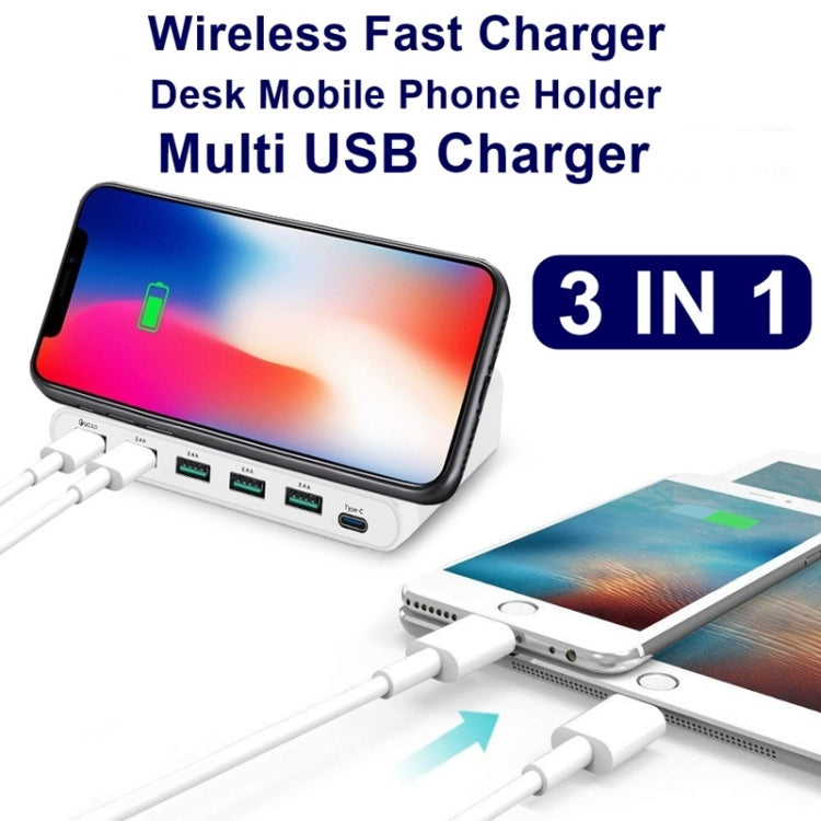 828W Carregador Multifuncional 7 em 1 60W QC 3.0 Interface USB + 4 Portas USB + Interface USB-C / Tipo-C + Carregamento Sem Fios com Função de Suporte para Telemóvel, Ficha US, Ficha US Preto, Ficha US Branco