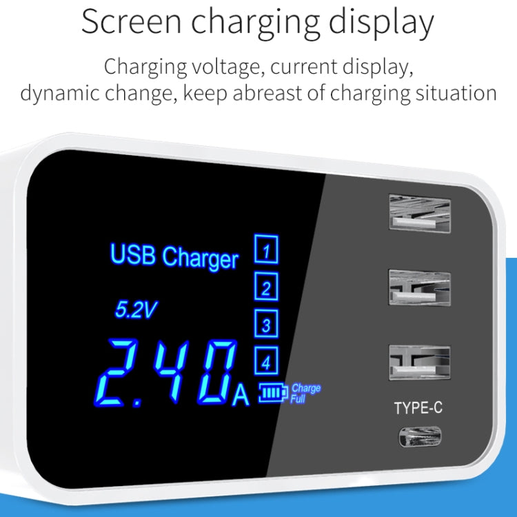 Carregador multifunções CDA30 20W 3 Portas USB + Portas USB-C / Type-C com ecrã LED, ficha US, ficha US