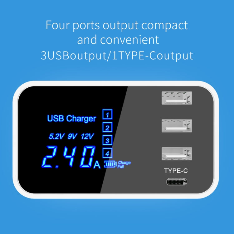Carregador multifunções CDA30 20W 3 Portas USB + Portas USB-C / Type-C com ecrã LED, ficha US, ficha US