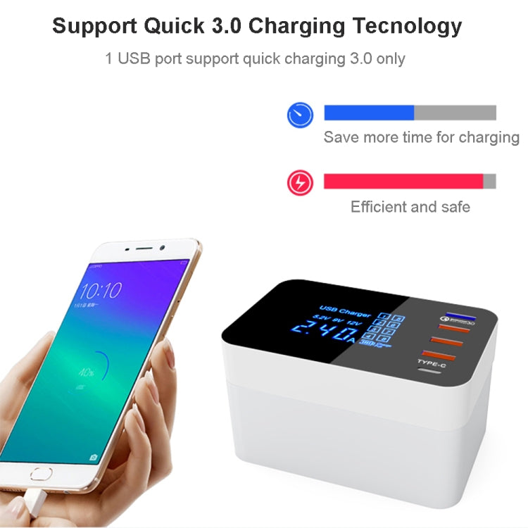 Carregador multifunções CDA33Q 40W QC 3.0 USB + 3 Portas USB + Portas USB-C / Type-C com ecrã LED, ficha UK, ficha UK
