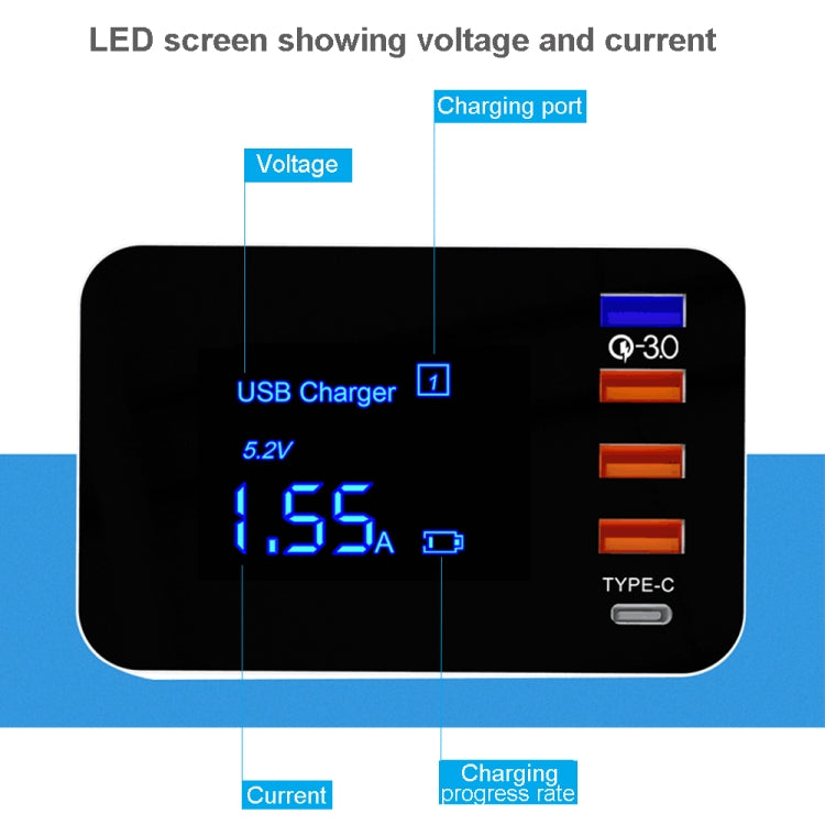Carregador multifunções CDA33Q 40W QC 3.0 USB + 3 Portas USB + Portas USB-C / Type-C com ecrã LED, ficha UK, ficha UK