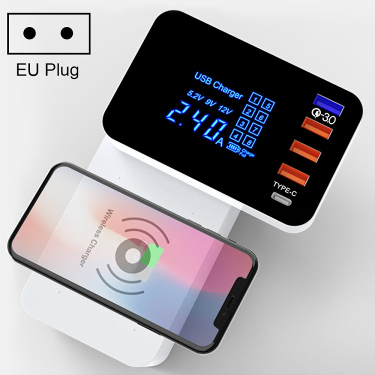 Carregador multifunções dobrável CDA33QW 40W QC 3.0 Portas USB + 3 Portas USB + Portas USB-C / Type-C + Carregamento sem fios com ecrã LED, ficha EU, ficha EU