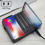 Carregador multifunções 50W 6 Portas USB + 2 Portas USB-C / Type-C + Carregamento sem fios com ecrã LED e moldura destacável, ficha US, ficha US