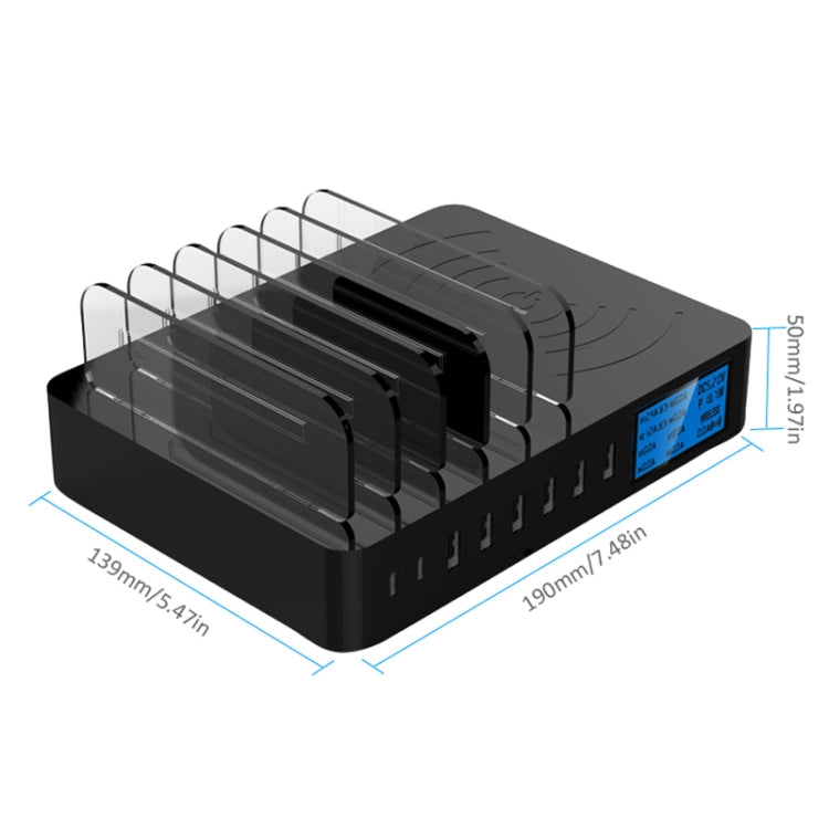 Carregador multifunções 50W 6 Portas USB + 2 Portas USB-C / Type-C + Carregamento sem fios com ecrã LED e moldura destacável, ficha EU, ficha EU