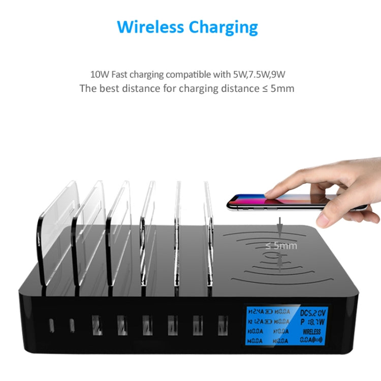 Carregador multifunções 50W 6 Portas USB + 2 Portas USB-C / Type-C + Carregamento sem fios com ecrã LED e moldura destacável, ficha AU, ficha AU