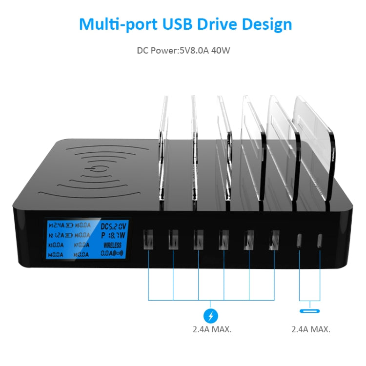 Carregador multifunções 50W 6 Portas USB + 2 Portas USB-C / Type-C + Carregamento sem fios com ecrã LED e moldura destacável, ficha AU, ficha AU