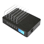 Carregador multifunções 50W 6 Portas USB + 2 Portas USB-C / Type-C + Carregamento sem fios com ecrã LED e moldura destacável, ficha US, ficha US