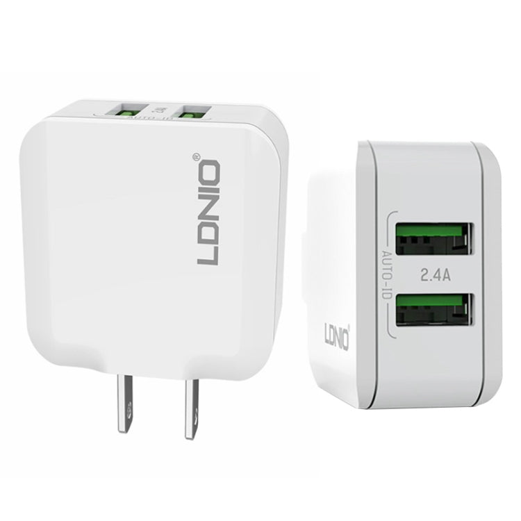 LDNIO A2201 Cabeça de Carregamento Dupla USB 2.4A Adaptador de Carregamento Direto para Telemóvel com Cabo de Dados 8 Pinos, 8 Pinos