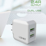 LDNIO A2201 Cabeça de Carregamento Dupla USB 2.4A Adaptador de Carregamento Direto para Telemóvel com Cabo de Dados 8 Pinos, 8 Pinos