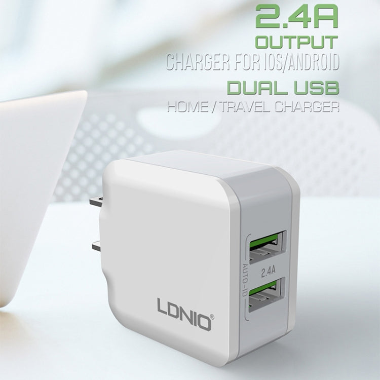 LDNIO A2201 Cabeça de Carregamento Dupla USB 2.4A Adaptador de Carregamento Direto para Telemóvel com Cabo de Dados 8 Pinos, 8 Pinos