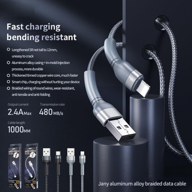 Cabo de Dados REMAX RC-124i 1m 2.4A USB para 8 Pinos com Trança de Liga de Alumínio para Carregamento Rápido para iPhone, iPad, 8 Pinos