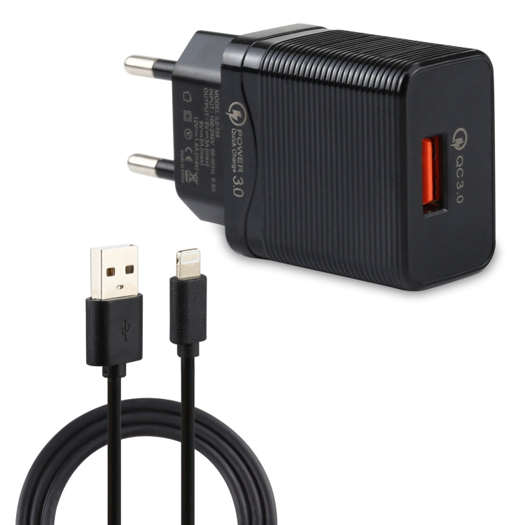 Conjunto de Carregador de Viagem LZ-728 2 em 1 18W QC 3.0 Interface USB + Cabo de Dados USB para 8 Pinos, Plugue EU, Comprimento do Cabo: 1m, com Cabo de 8 Pinos