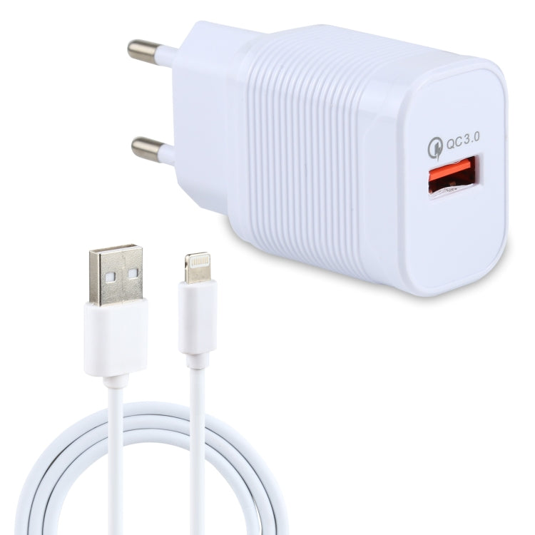 Conjunto de Carregador de Viagem LZ-728 2 em 1 18W QC 3.0 Interface USB + Cabo de Dados USB para 8 Pinos, Plugue EU, Comprimento do Cabo: 1m, com Cabo de 8 Pinos