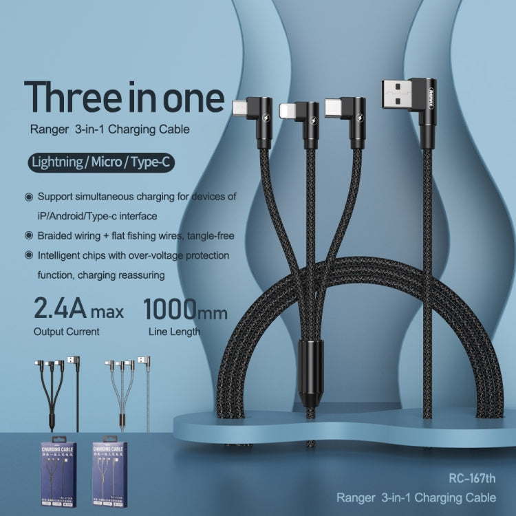 REMAX RC-167th Cabo de Carregamento de Cotovelo Série Range 3 em 1 2.1A USB para 8 Pinos + USB-C / Tipo-C + Micro USB, Comprimento do Cabo: 1m