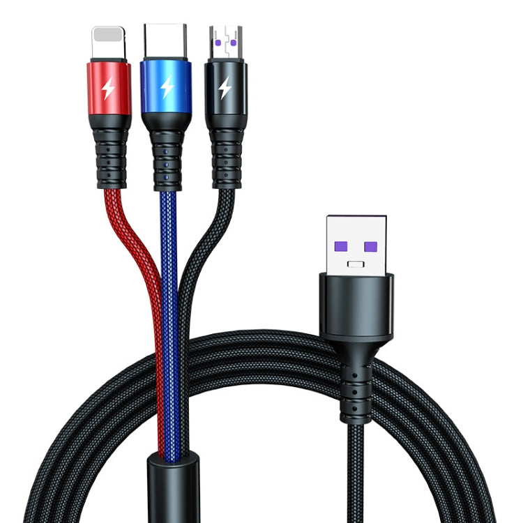 K061 Cabo de Dados de Carregamento Rápido Redondo 3 em 1 USB para 8 Pinos + USB-C / Tipo-C + Micro USB 1.2m 5A