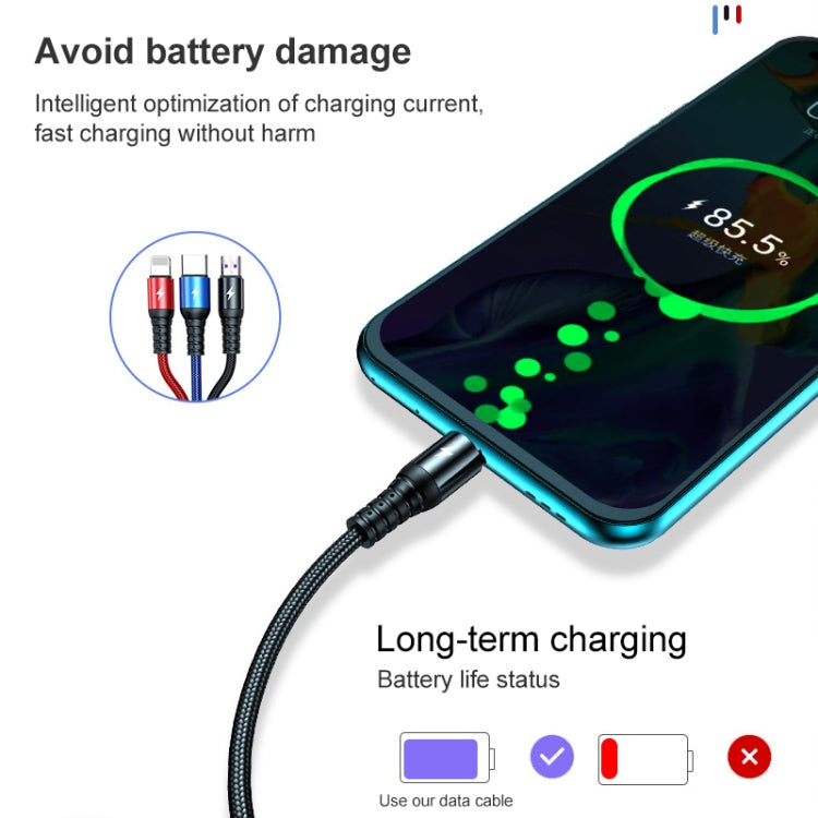 K061 Cabo de Dados de Carregamento Rápido Redondo 3 em 1 USB para 8 Pinos + USB-C / Tipo-C + Micro USB 1.2m 5A