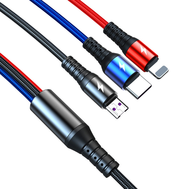 K061 Cabo de Dados de Carregamento Rápido Redondo 3 em 1 USB para 8 Pinos + USB-C / Tipo-C + Micro USB 1.2m 5A