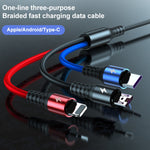 K061 Cabo de Dados de Carregamento Rápido Redondo 3 em 1 USB para 8 Pinos + USB-C / Tipo-C + Micro USB 1.2m 5A