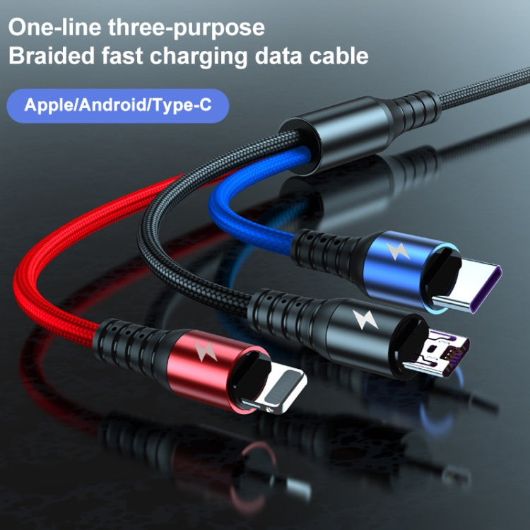 K061 Cabo de Dados de Carregamento Rápido Redondo 3 em 1 USB para 8 Pinos + USB-C / Tipo-C + Micro USB 1.2m 5A