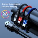 K061 Cabo de Dados de Carregamento Rápido Redondo 3 em 1 USB para 8 Pinos + USB-C / Tipo-C + Micro USB 1.2m 5A