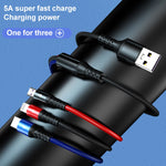 K061 Cabo de Dados de Carregamento Rápido Redondo 3 em 1 USB para 8 Pinos + USB-C / Tipo-C + Micro USB 1.2m 5A