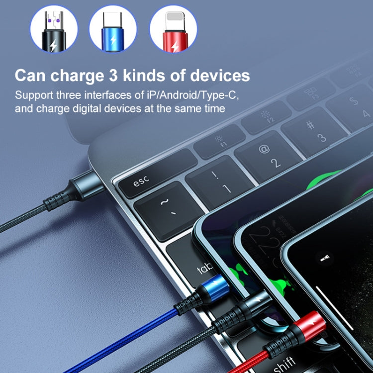 K061 Cabo de Dados de Carregamento Rápido Redondo 3 em 1 USB para 8 Pinos + USB-C / Tipo-C + Micro USB 1.2m 5A